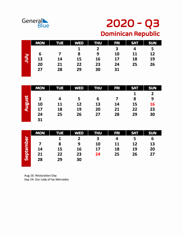 Q3 2020 Calendar with Holidays in Dominican Republic