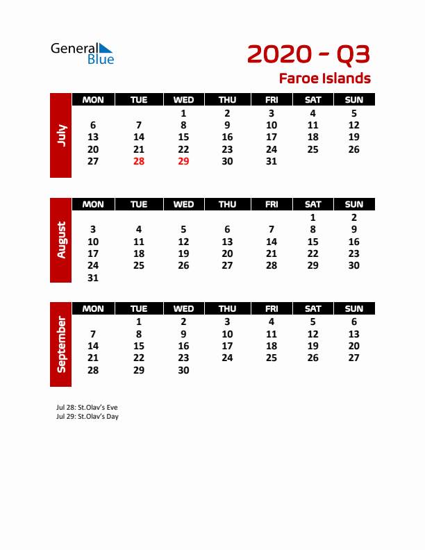 Q3 2020 Calendar with Holidays in Faroe Islands