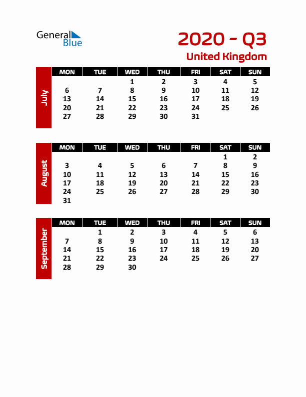 Q3 2020 Calendar with Holidays in United Kingdom