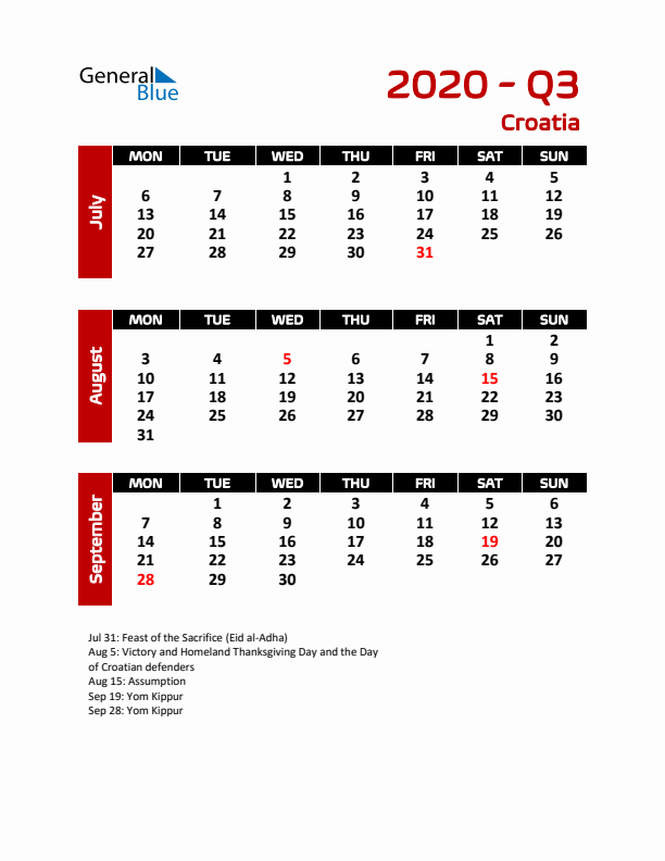 Q3 2020 Calendar with Holidays in Croatia