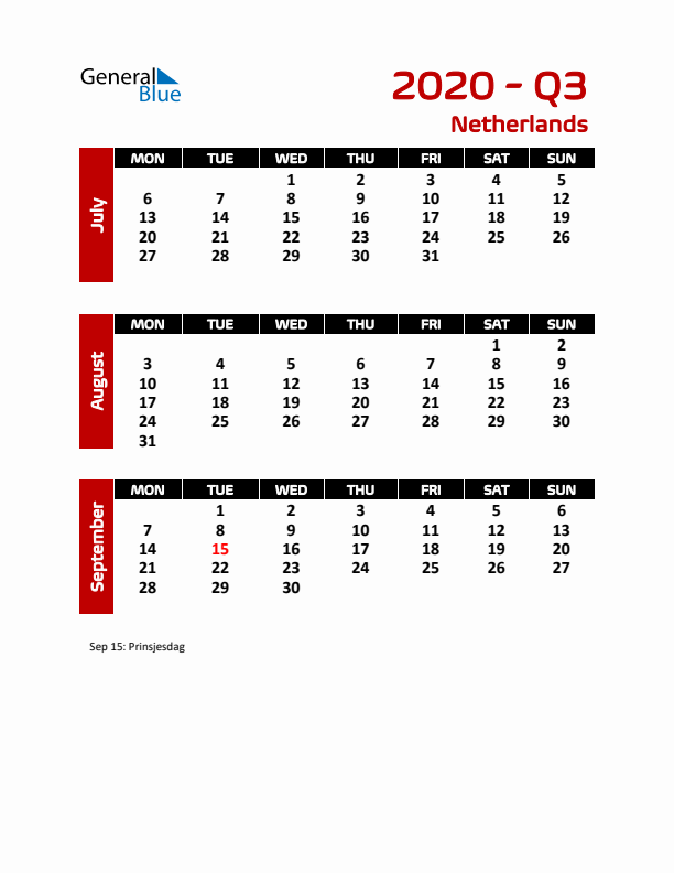 Q3 2020 Calendar with Holidays in The Netherlands