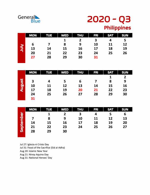 Q3 2020 Calendar with Holidays in Philippines