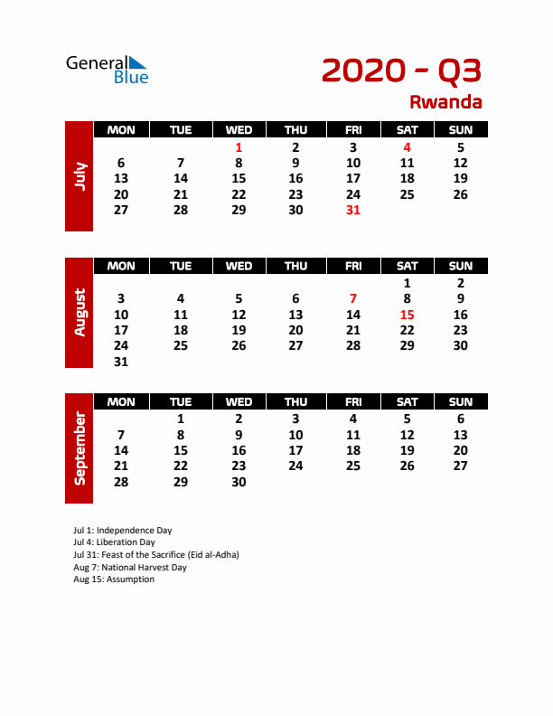 Q3 2020 Calendar with Holidays in Rwanda