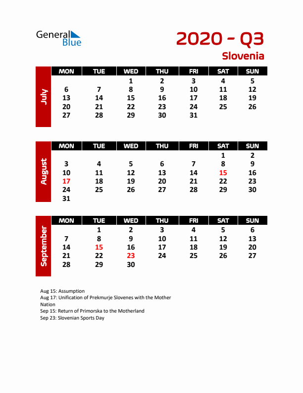 Q3 2020 Calendar with Holidays in Slovenia