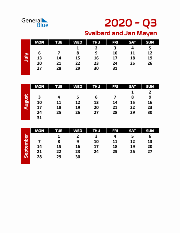 Q3 2020 Calendar with Holidays in Svalbard and Jan Mayen