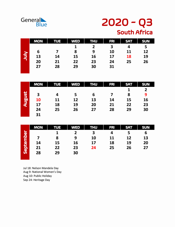 Q3 2020 Calendar with Holidays in South Africa