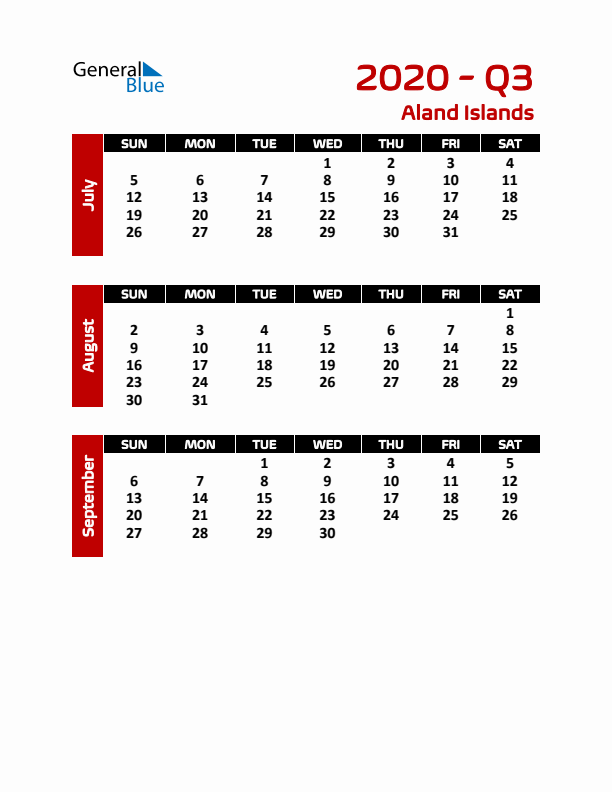 Q3 2020 Calendar with Holidays in Aland Islands