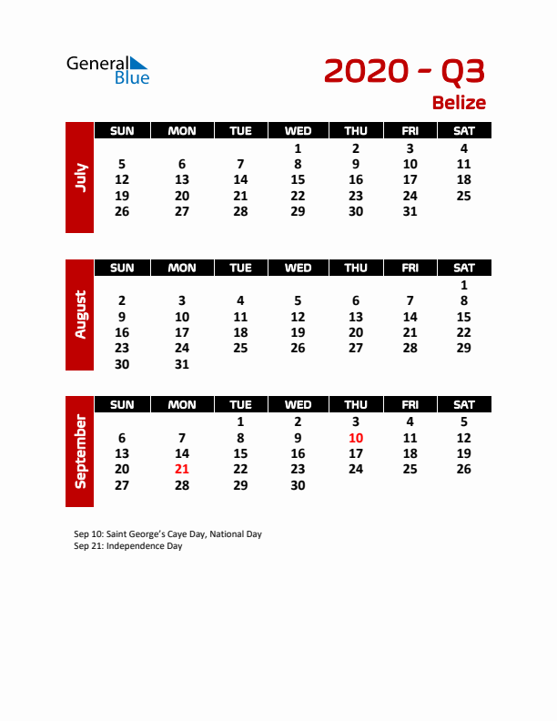 Q3 2020 Calendar with Holidays in Belize