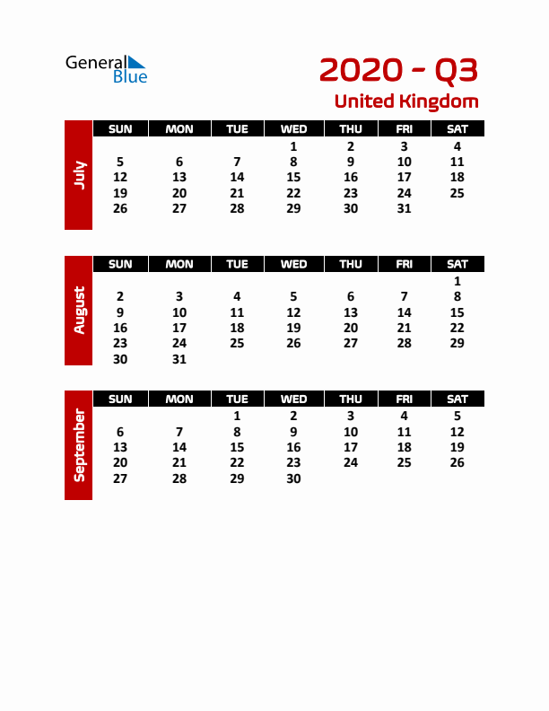 Q3 2020 Calendar with Holidays in United Kingdom