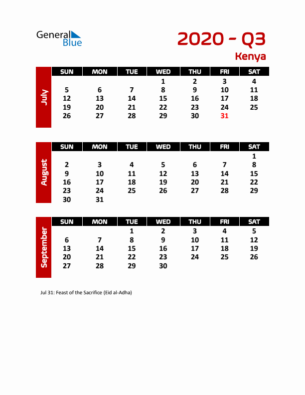 Q3 2020 Calendar with Holidays in Kenya