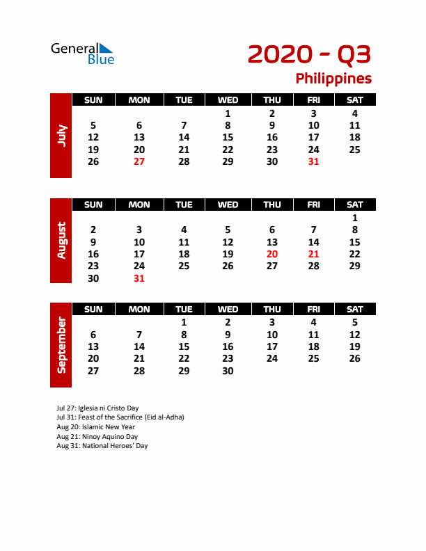 Q3 2020 Calendar with Holidays in Philippines