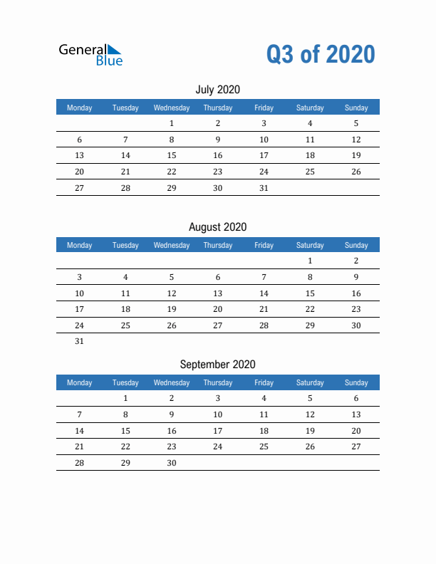 Fillable Quarterly Calendar for Q3 2020