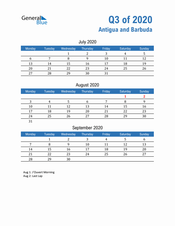 Antigua and Barbuda Q3 2020 Quarterly Calendar with Monday Start