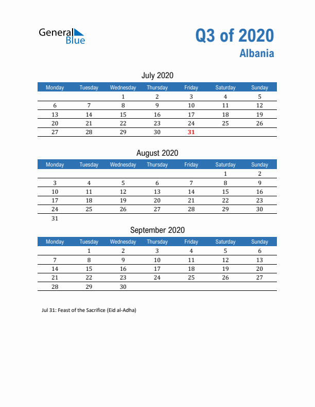 Albania Q3 2020 Quarterly Calendar with Monday Start