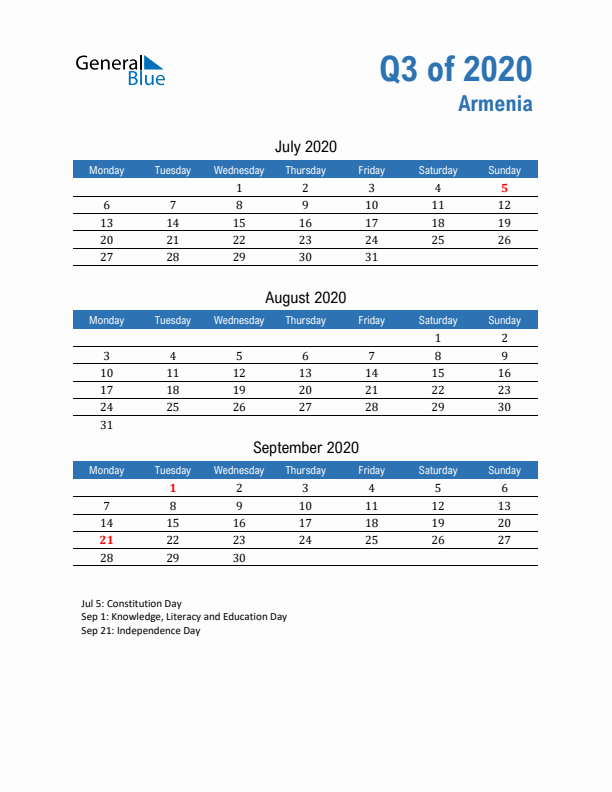 Armenia Q3 2020 Quarterly Calendar with Monday Start