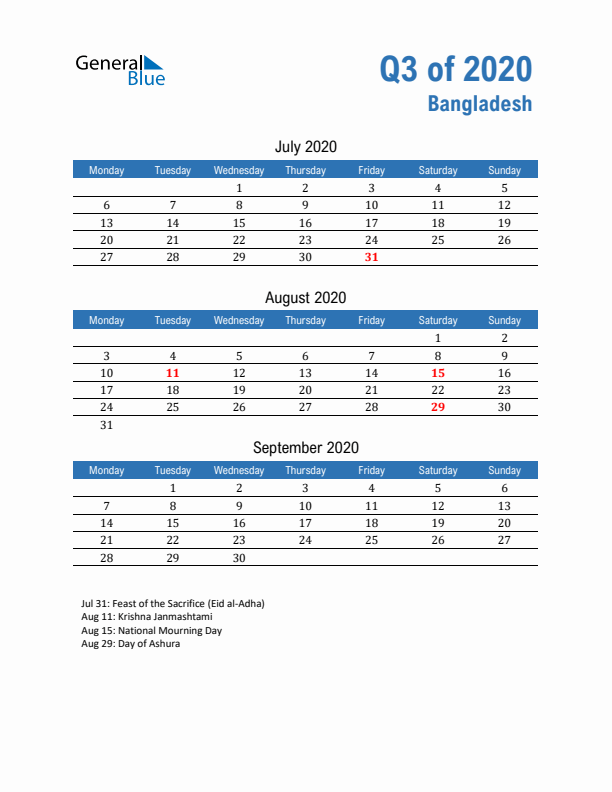 Bangladesh Q3 2020 Quarterly Calendar with Monday Start