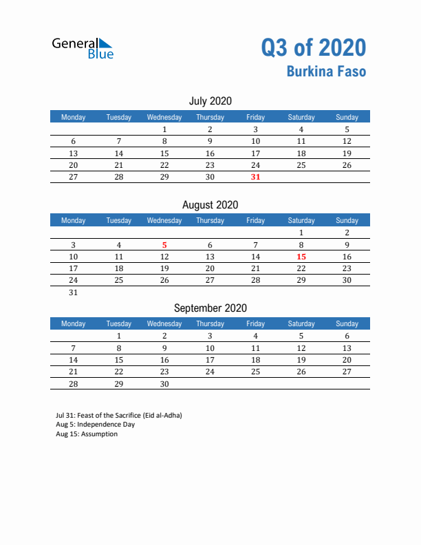 Burkina Faso Q3 2020 Quarterly Calendar with Monday Start