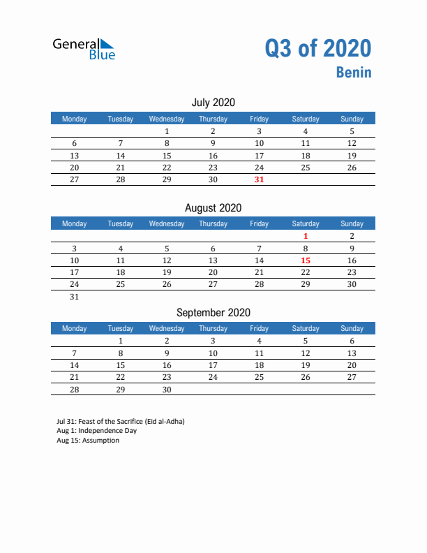 Benin Q3 2020 Quarterly Calendar with Monday Start