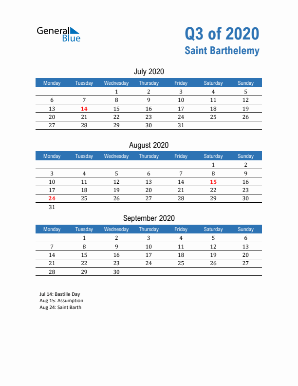 Saint Barthelemy Q3 2020 Quarterly Calendar with Monday Start