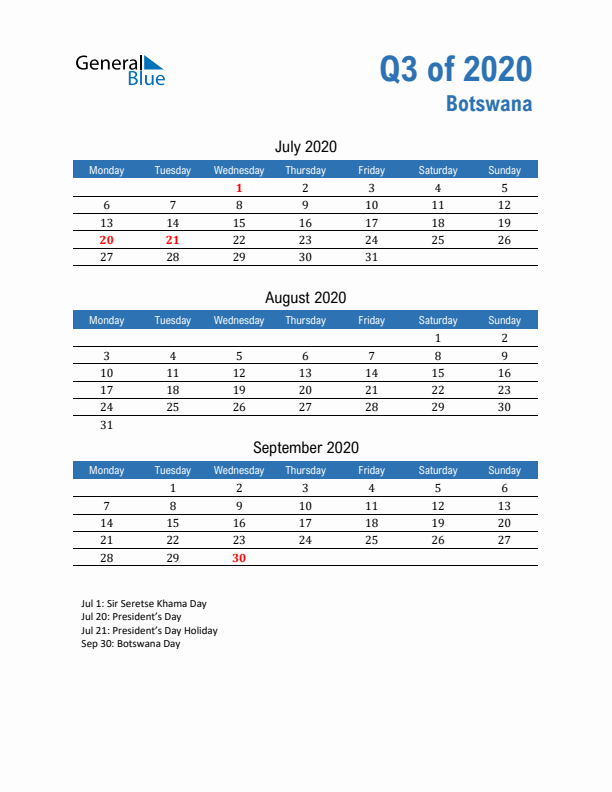 Botswana Q3 2020 Quarterly Calendar with Monday Start