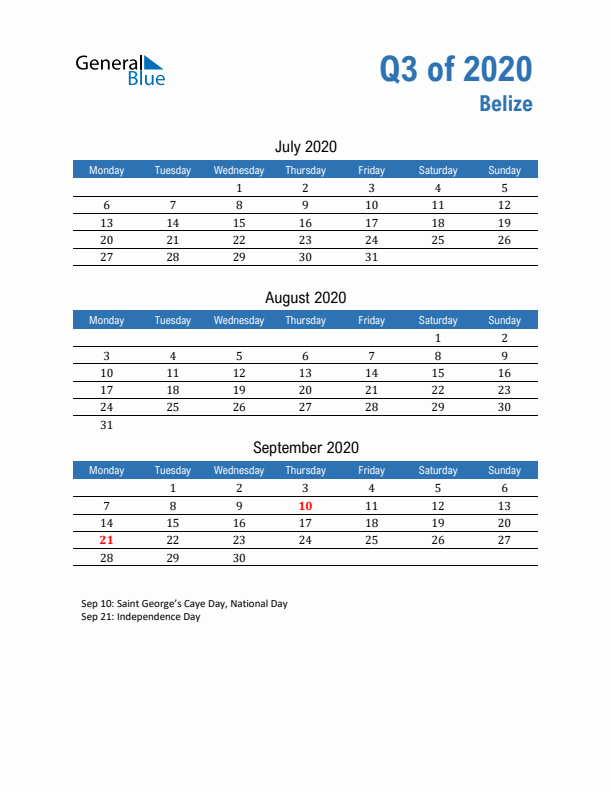 Belize Q3 2020 Quarterly Calendar with Monday Start