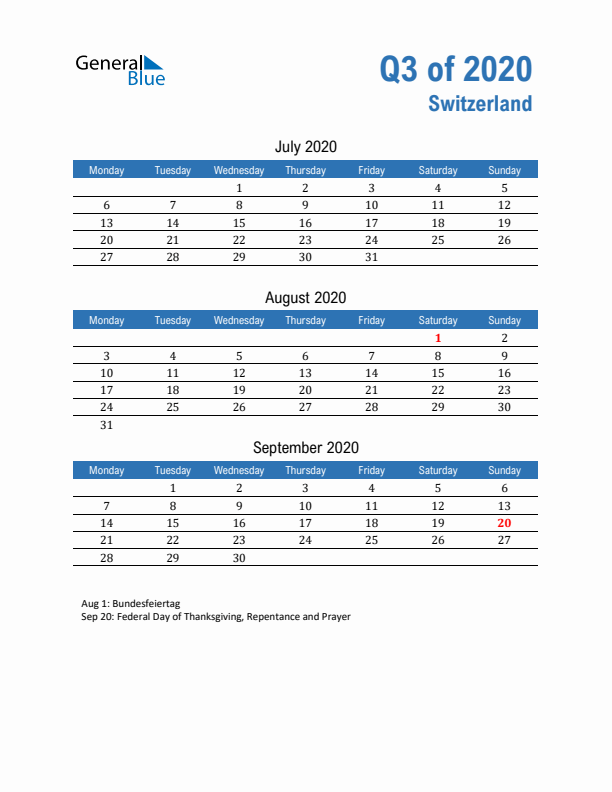 Switzerland Q3 2020 Quarterly Calendar with Monday Start