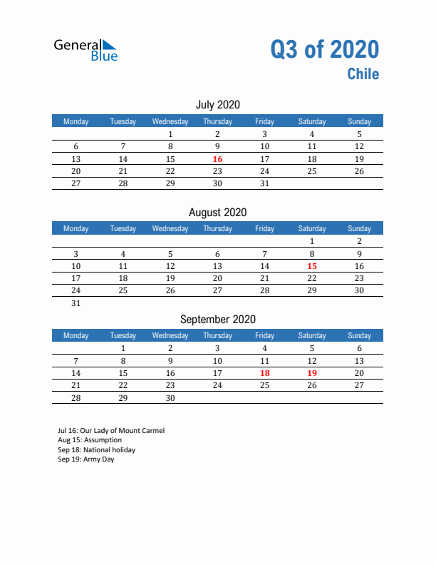 Chile Q3 2020 Quarterly Calendar with Monday Start