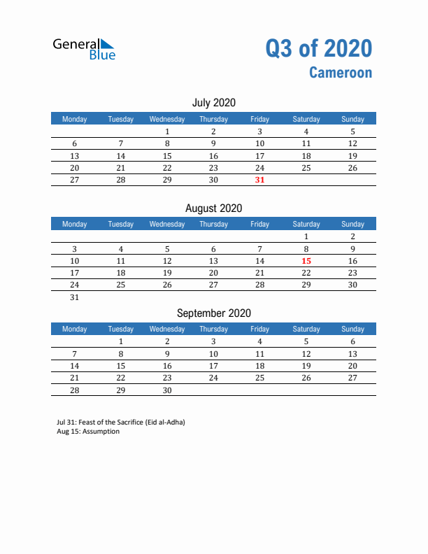 Cameroon Q3 2020 Quarterly Calendar with Monday Start