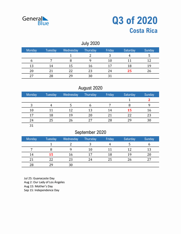 Costa Rica Q3 2020 Quarterly Calendar with Monday Start