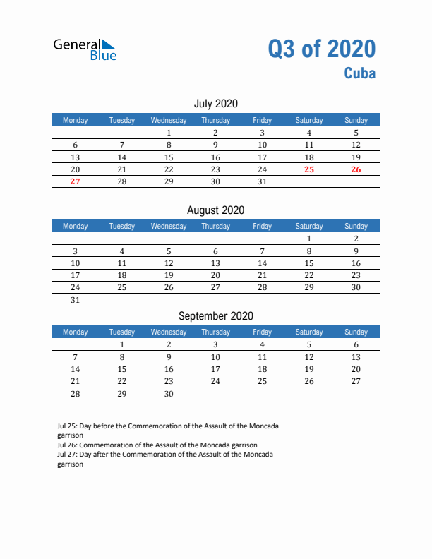 Cuba Q3 2020 Quarterly Calendar with Monday Start