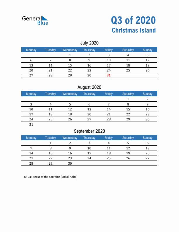 Christmas Island Q3 2020 Quarterly Calendar with Monday Start