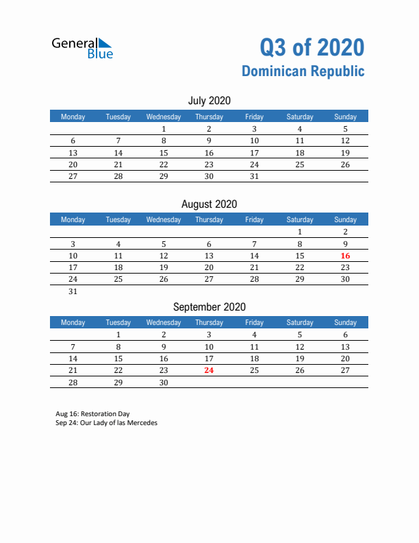 Dominican Republic Q3 2020 Quarterly Calendar with Monday Start