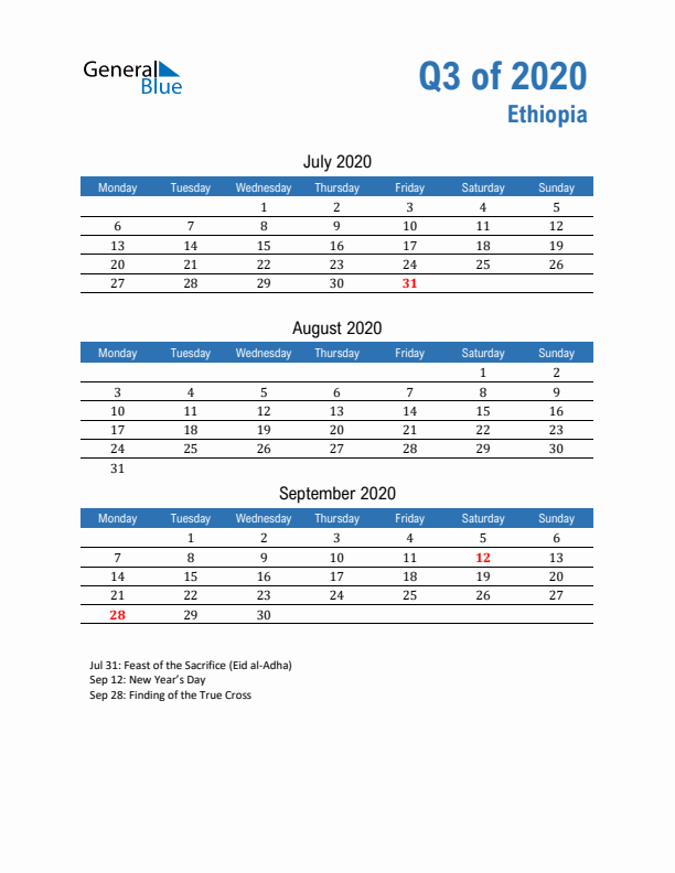 Ethiopia Q3 2020 Quarterly Calendar with Monday Start