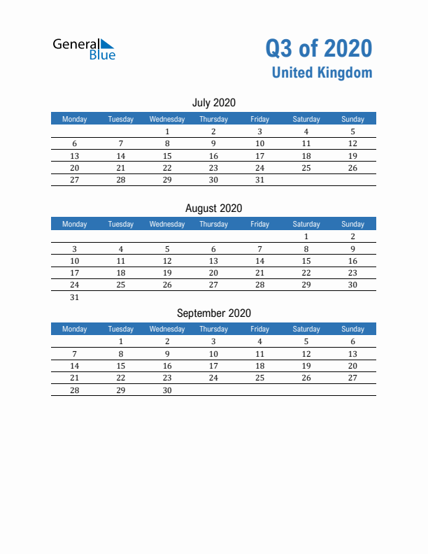 United Kingdom Q3 2020 Quarterly Calendar with Monday Start