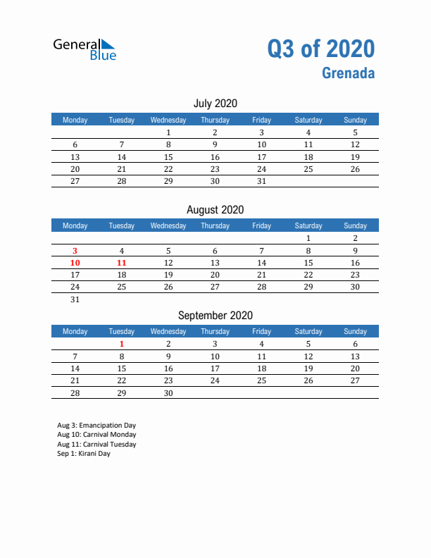 Grenada Q3 2020 Quarterly Calendar with Monday Start