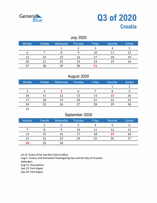 Croatia Q3 2020 Quarterly Calendar with Monday Start