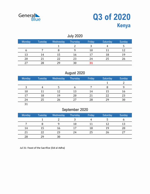 Kenya Q3 2020 Quarterly Calendar with Monday Start