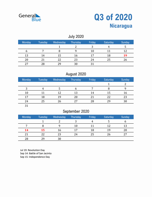 Nicaragua Q3 2020 Quarterly Calendar with Monday Start