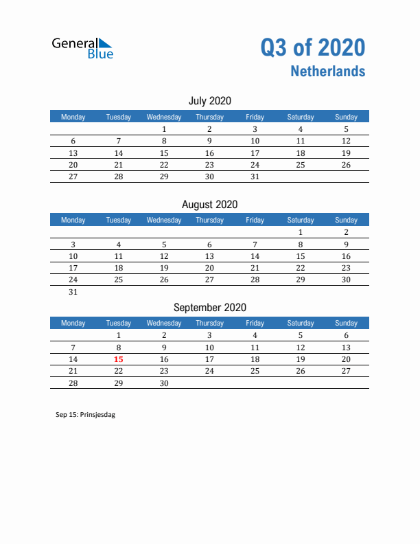 The Netherlands Q3 2020 Quarterly Calendar with Monday Start