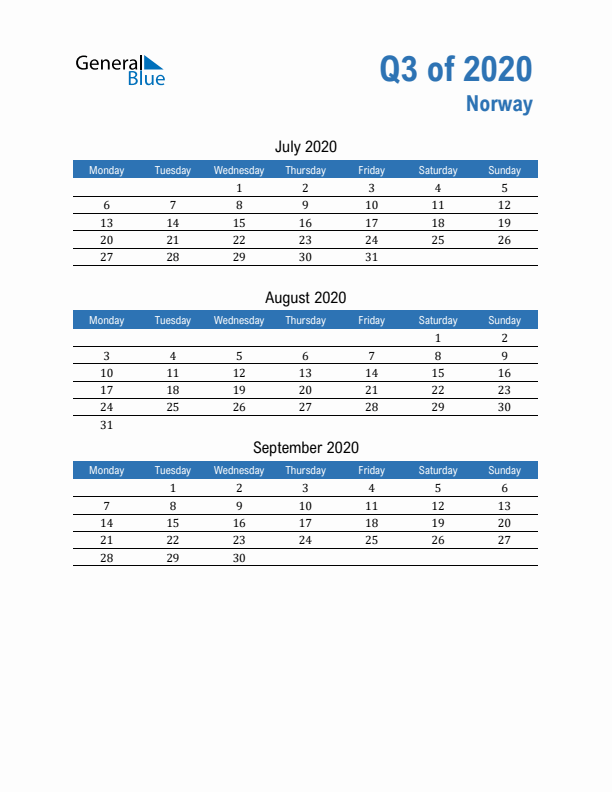 Norway Q3 2020 Quarterly Calendar with Monday Start