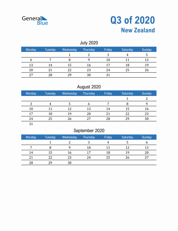 New Zealand Q3 2020 Quarterly Calendar with Monday Start