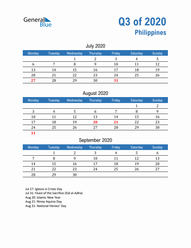 Philippines Q3 2020 Quarterly Calendar with Monday Start