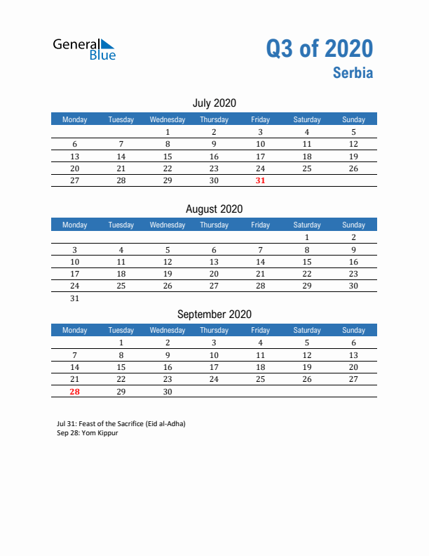 Serbia Q3 2020 Quarterly Calendar with Monday Start