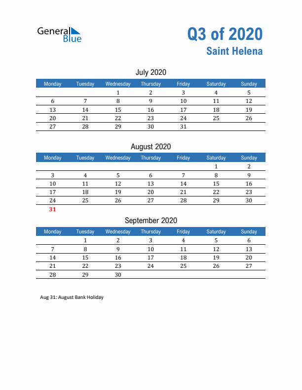 Saint Helena Q3 2020 Quarterly Calendar with Monday Start