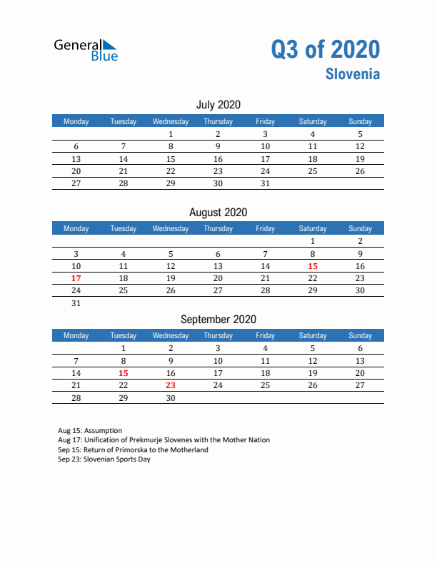 Slovenia Q3 2020 Quarterly Calendar with Monday Start