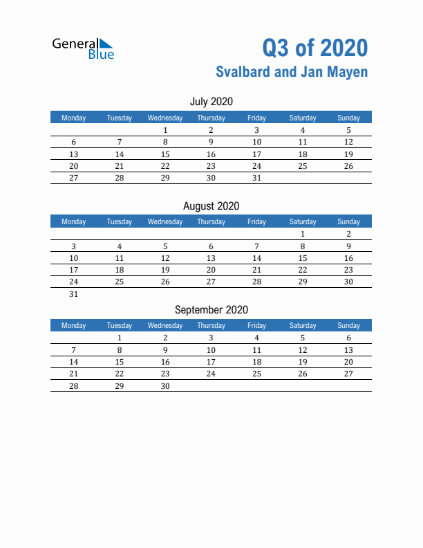 Svalbard and Jan Mayen Q3 2020 Quarterly Calendar with Monday Start