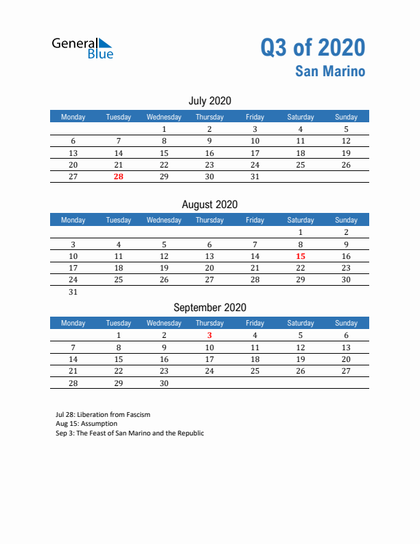 San Marino Q3 2020 Quarterly Calendar with Monday Start