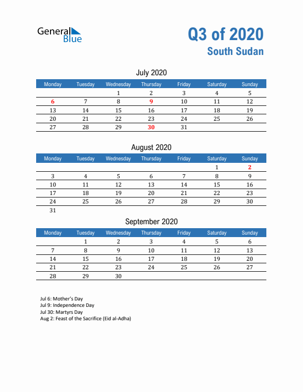 South Sudan Q3 2020 Quarterly Calendar with Monday Start