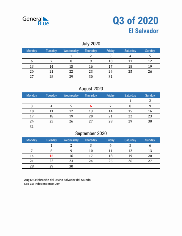 El Salvador Q3 2020 Quarterly Calendar with Monday Start