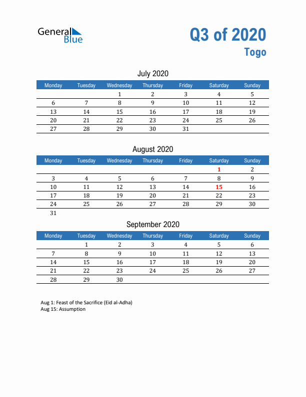 Togo Q3 2020 Quarterly Calendar with Monday Start